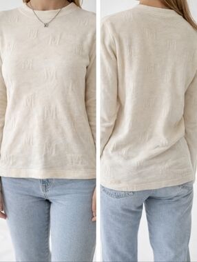 Cream Embossed Knit Long Sleeve Top Soft Minimalist Slim Fit Size S